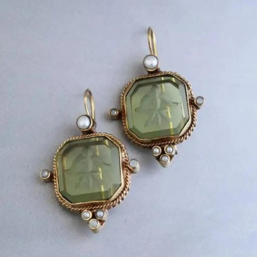 Vintage Hexagonal Green and Pearl Earrings