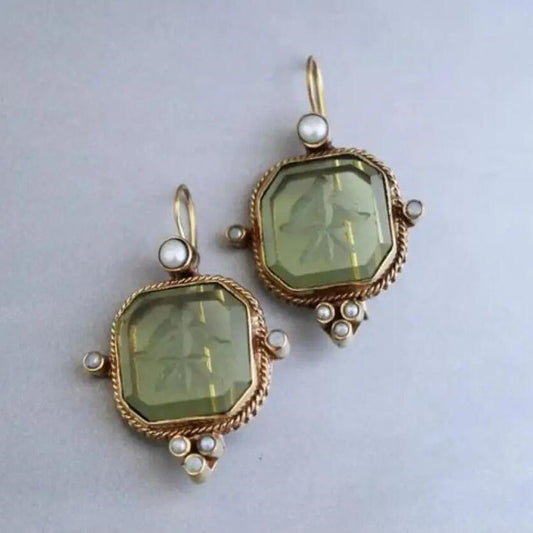 Vintage Hexagonal Green and Pearl Earrings