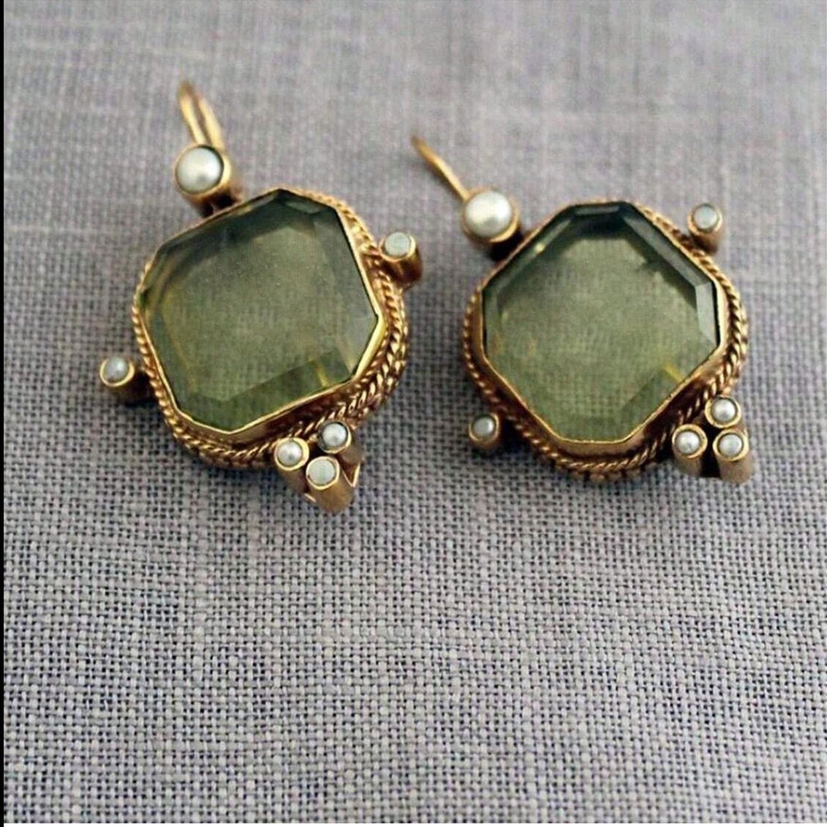 Vintage Hexagonal Green and Pearl Earrings