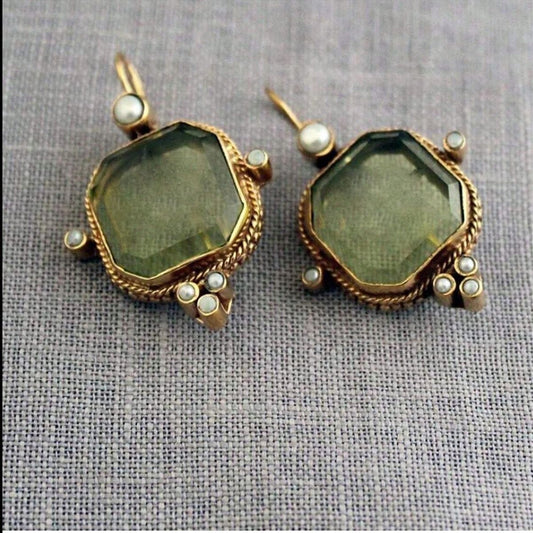 Vintage Hexagonal Green and Pearl Earrings