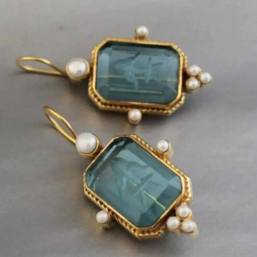 Vintage Hexagonal Green and Pearl Earrings