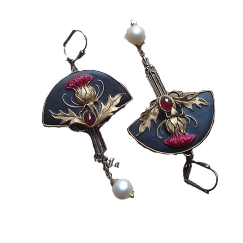 Boho Earrings with Pearls and Red Crystal