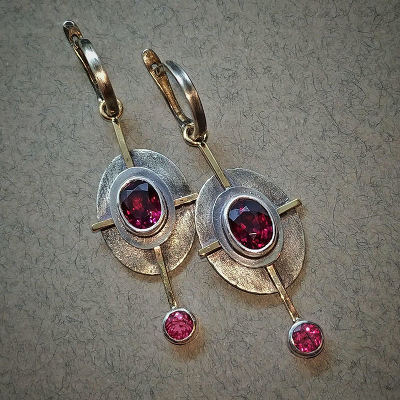 Boho Earrings with Garnet Crystal in Sterling Silver