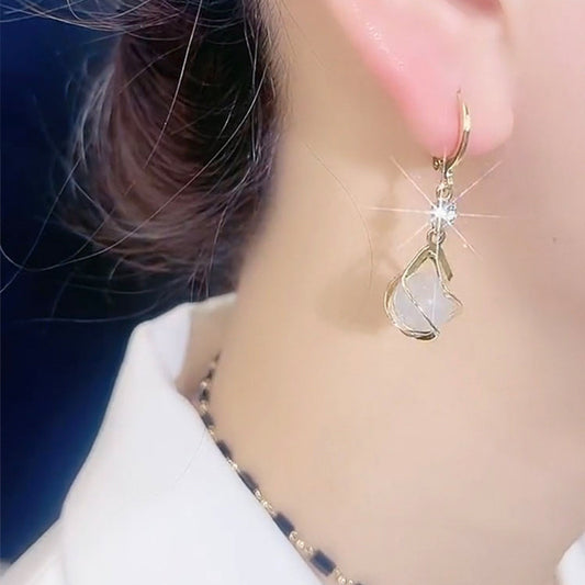 Vintage White Opal Dangling Golden Earrings