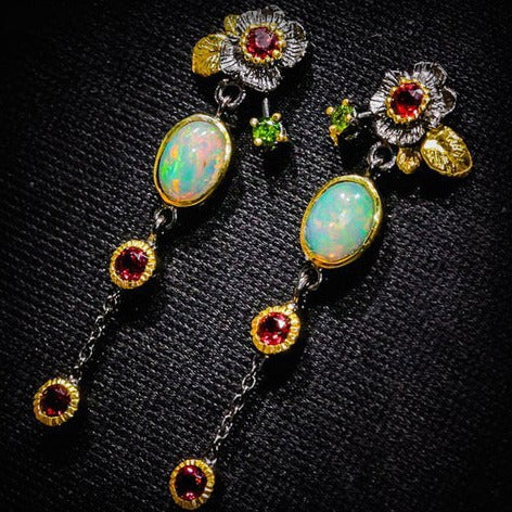 Boho Earrings with Opal and Red Zirconia