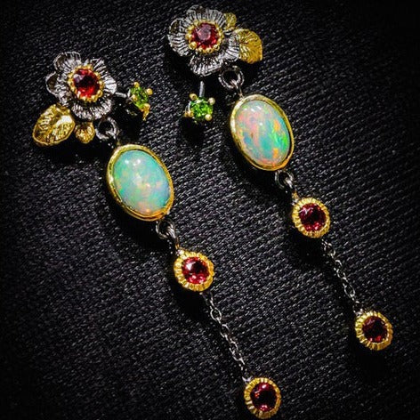 Boho Earrings with Opal and Red Zirconia
