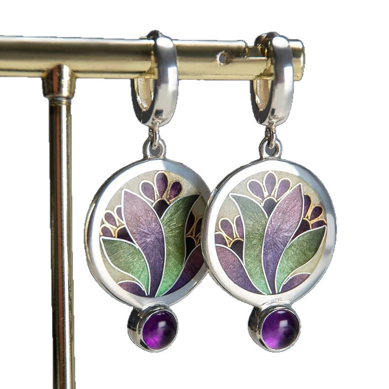 Boho Earrings with Purple Crystals in Sterling Silver