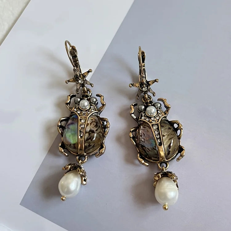 Vintage Freshwater Pearl Insect Dangle Earrings