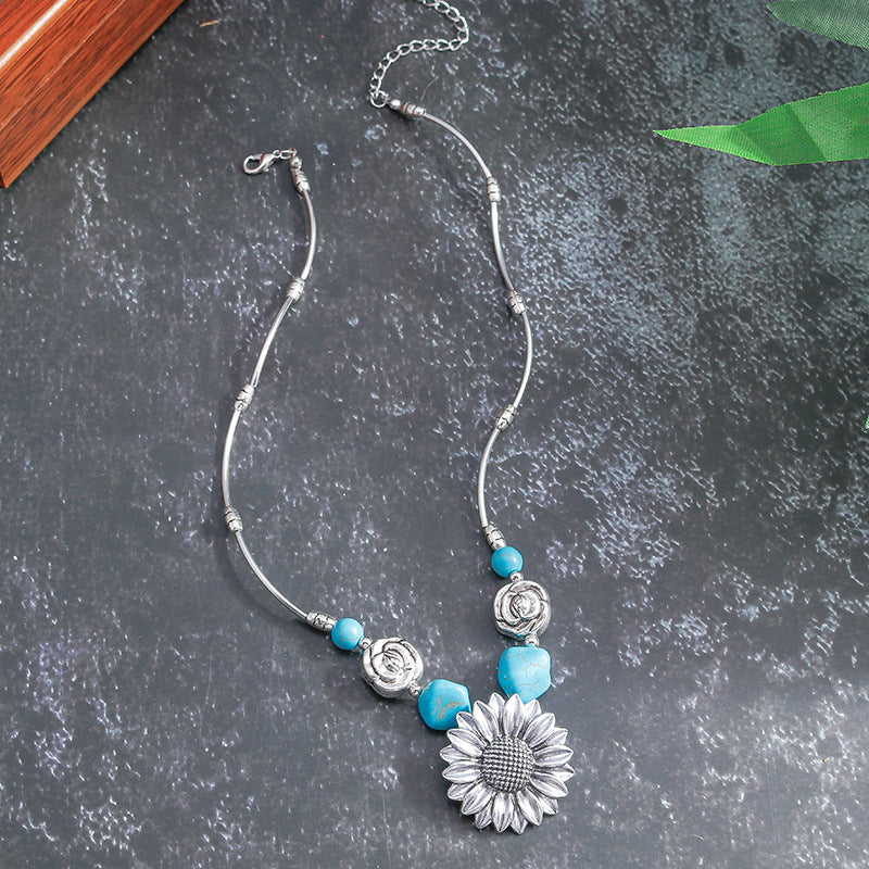 Sterling Silver Boho Sunflower Turquoise Necklace
