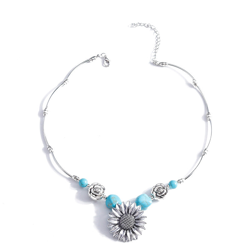 Sterling Silver Boho Sunflower Turquoise Necklace