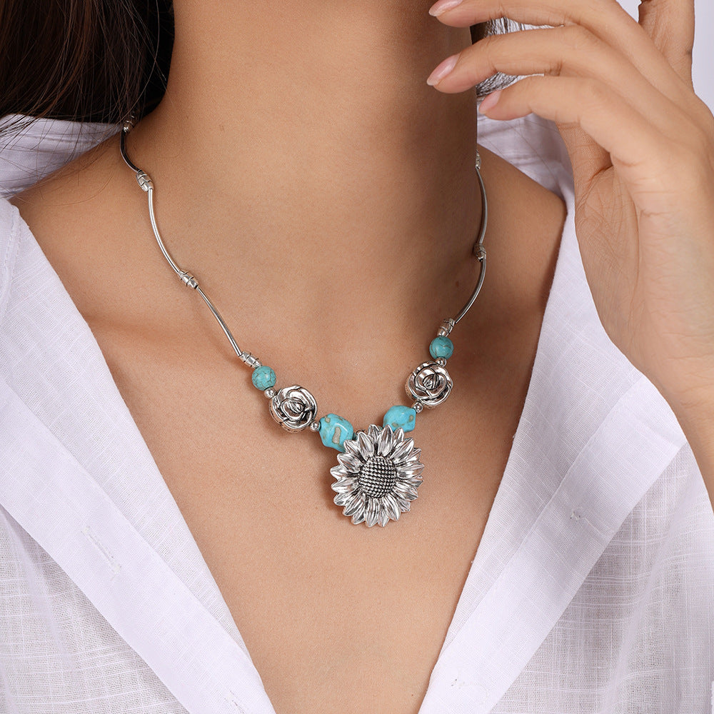 Sterling Silver Boho Sunflower Turquoise Necklace