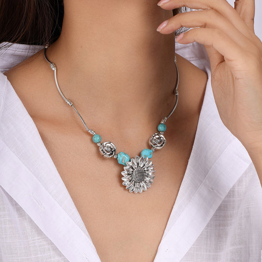 Sterling Silver Boho Sunflower Turquoise Necklace