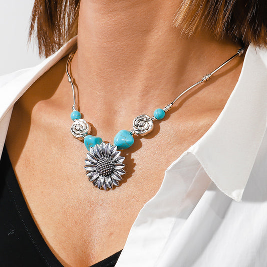 Sterling Silver Boho Sunflower Turquoise Necklace
