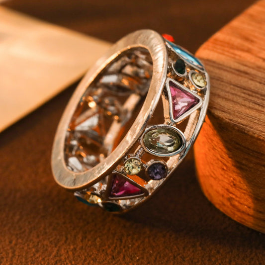 Fashion Geometric Openwork Diamond-Studded Multicolor Ring