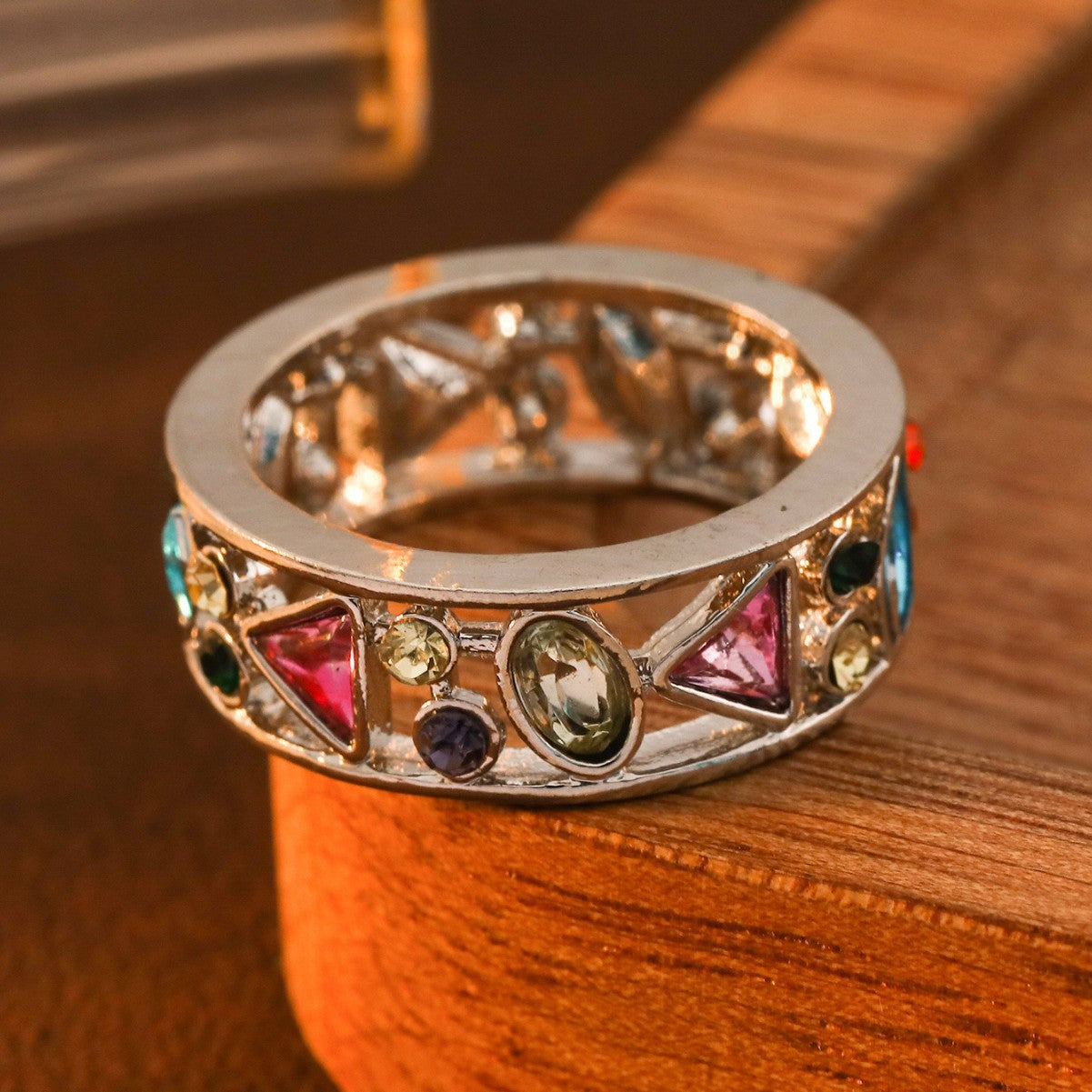 Fashion Geometric Openwork Diamond-Studded Multicolor Ring