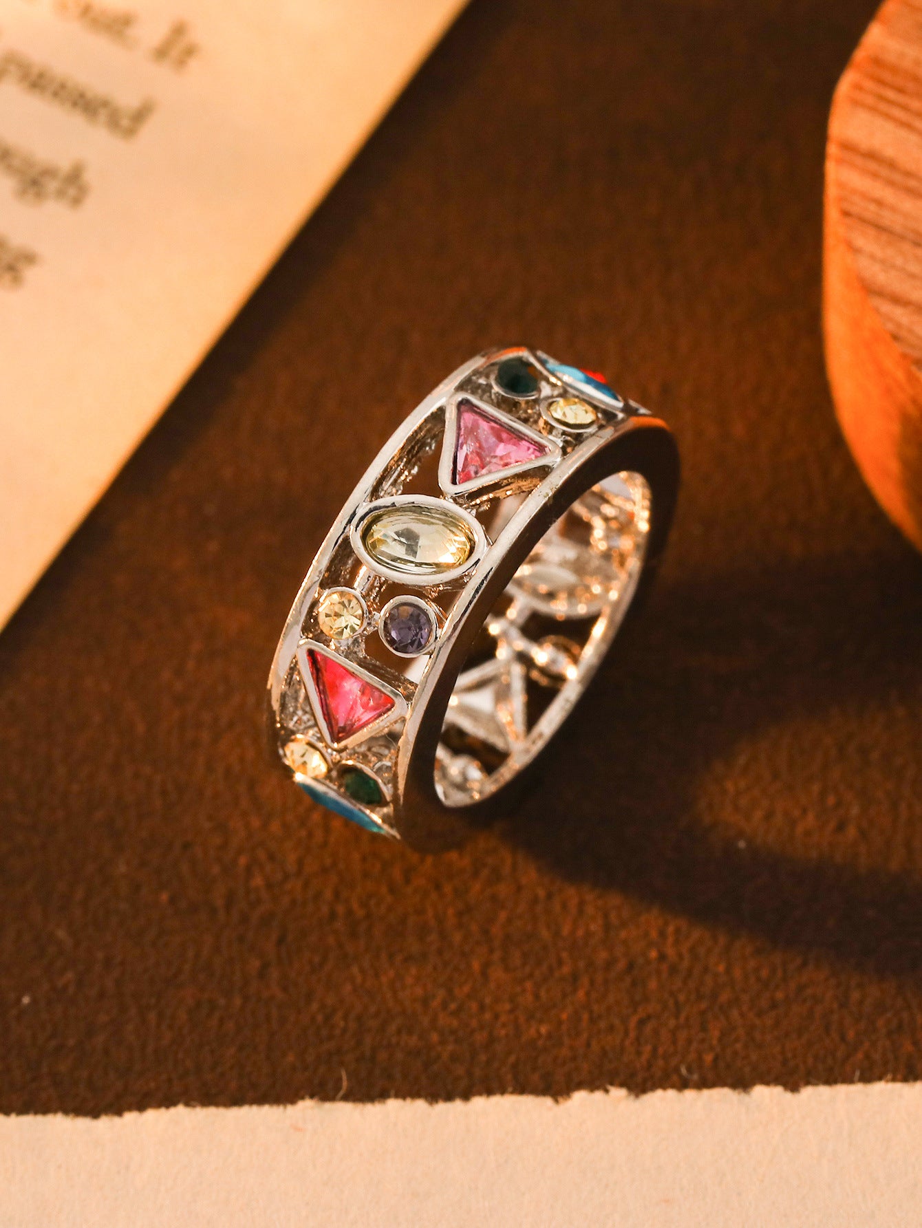 Fashion Geometric Openwork Diamond-Studded Multicolor Ring