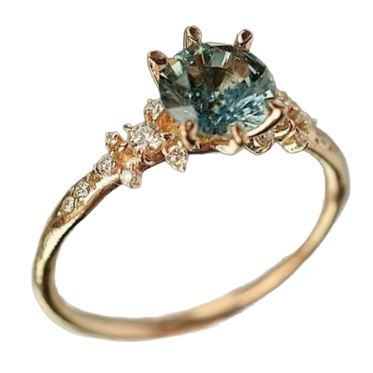 Vintage Gold Plated Exquisite Six Claw Set Zircon Blue Emerald Ring