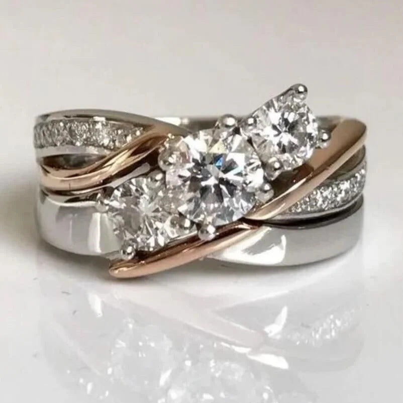 Triple Diamond Ring: Charming Two-Tone Crossed Personalized Band