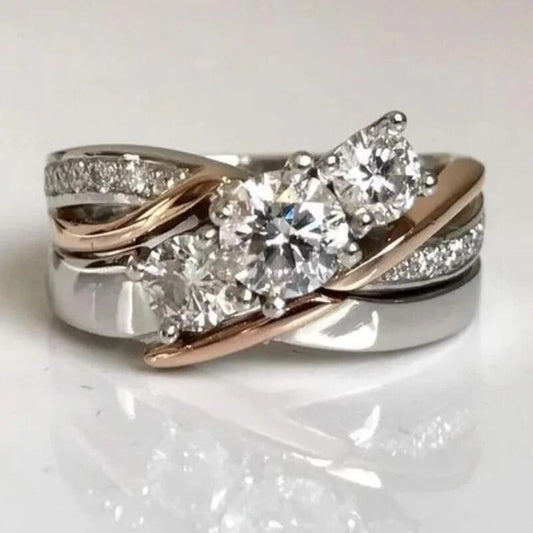 Triple Diamond Ring: Charming Two-Tone Crossed Personalized Band