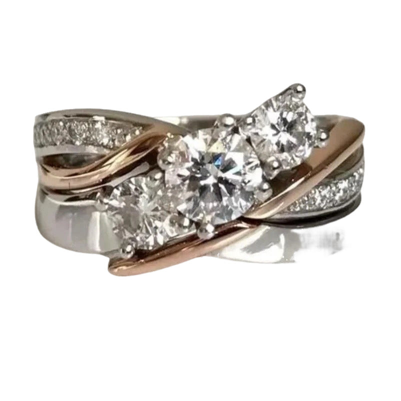 Triple Diamond Ring: Charming Two-Tone Crossed Personalized Band