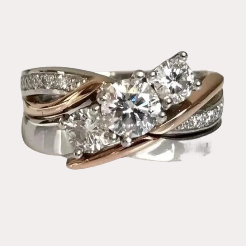 Triple Diamond Ring: Charming Two-Tone Crossed Personalized Band