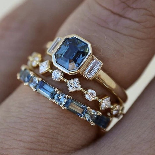 3pcs/Set Luxury Geometric Blue Crystal Rings Set