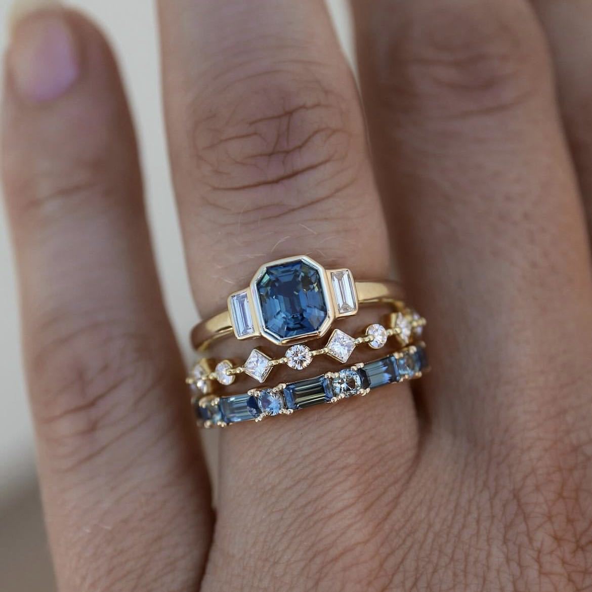 3pcs/Set Luxury Geometric Blue Crystal Rings Set