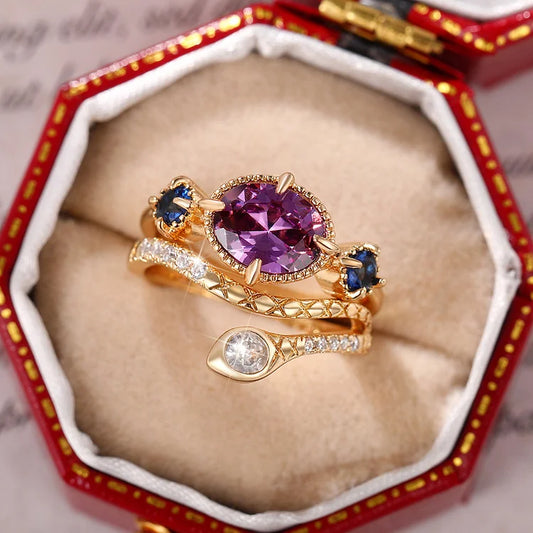 Vintage Inlaid Purple Zircon Snake Shaped Ring