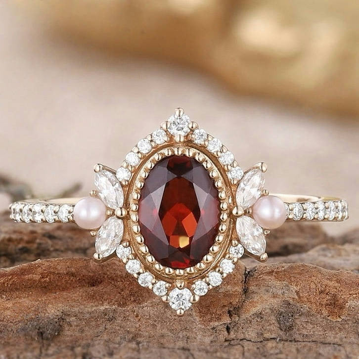 Vintage Oval Shaped Garnet and Pearl Engagement Ring
