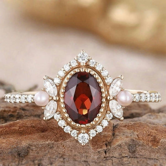 Vintage Oval Shaped Garnet and Pearl Engagement Ring