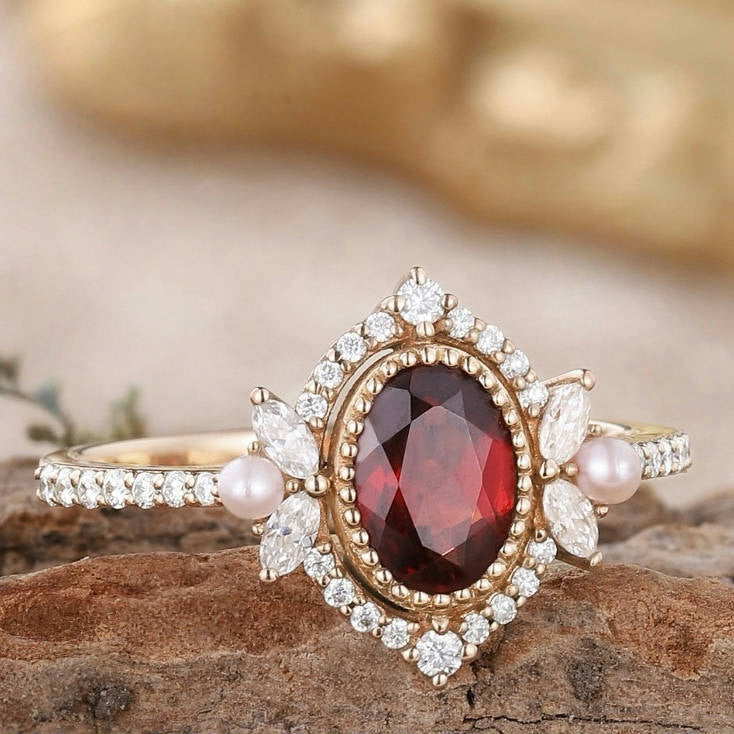 Vintage Oval Shaped Garnet and Pearl Engagement Ring
