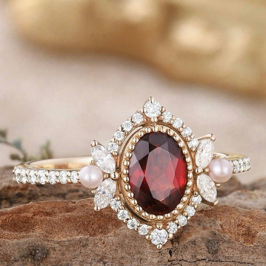 Vintage Oval Shaped Garnet and Pearl Engagement Ring