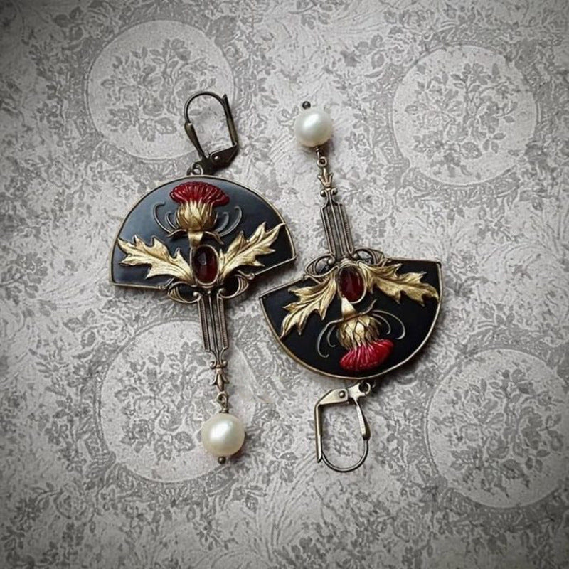 Boho Earrings with Pearls and Red Crystal
