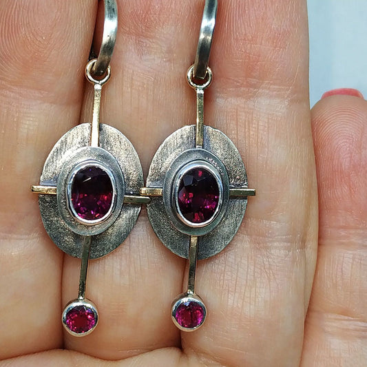 Boho Earrings with Garnet Crystal in Sterling Silver