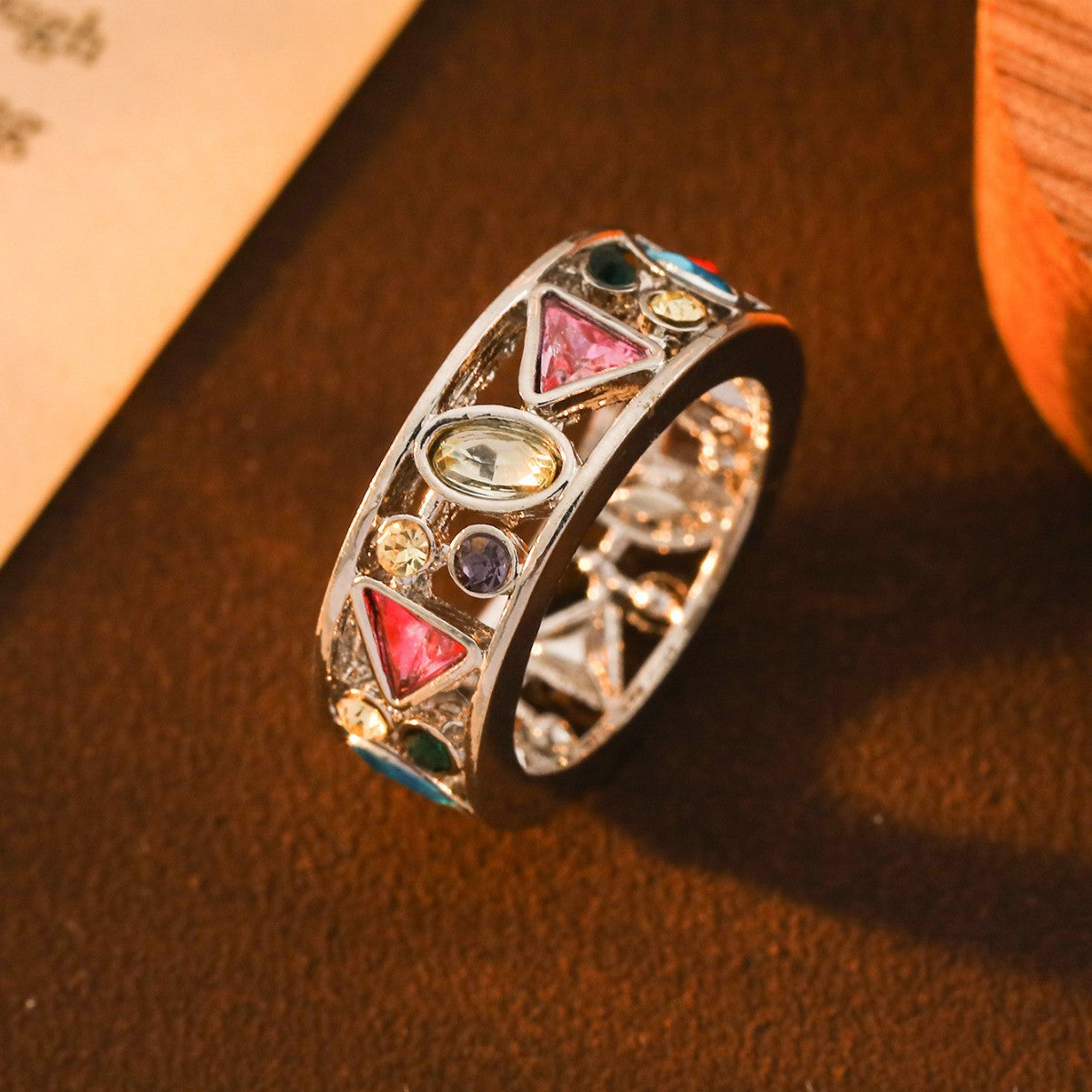 Fashion Geometric Openwork Diamond-Studded Multicolor Ring
