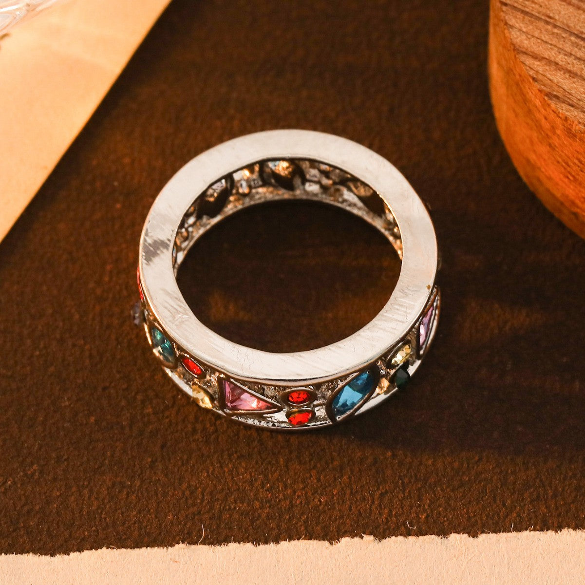 Fashion Geometric Openwork Diamond-Studded Multicolor Ring