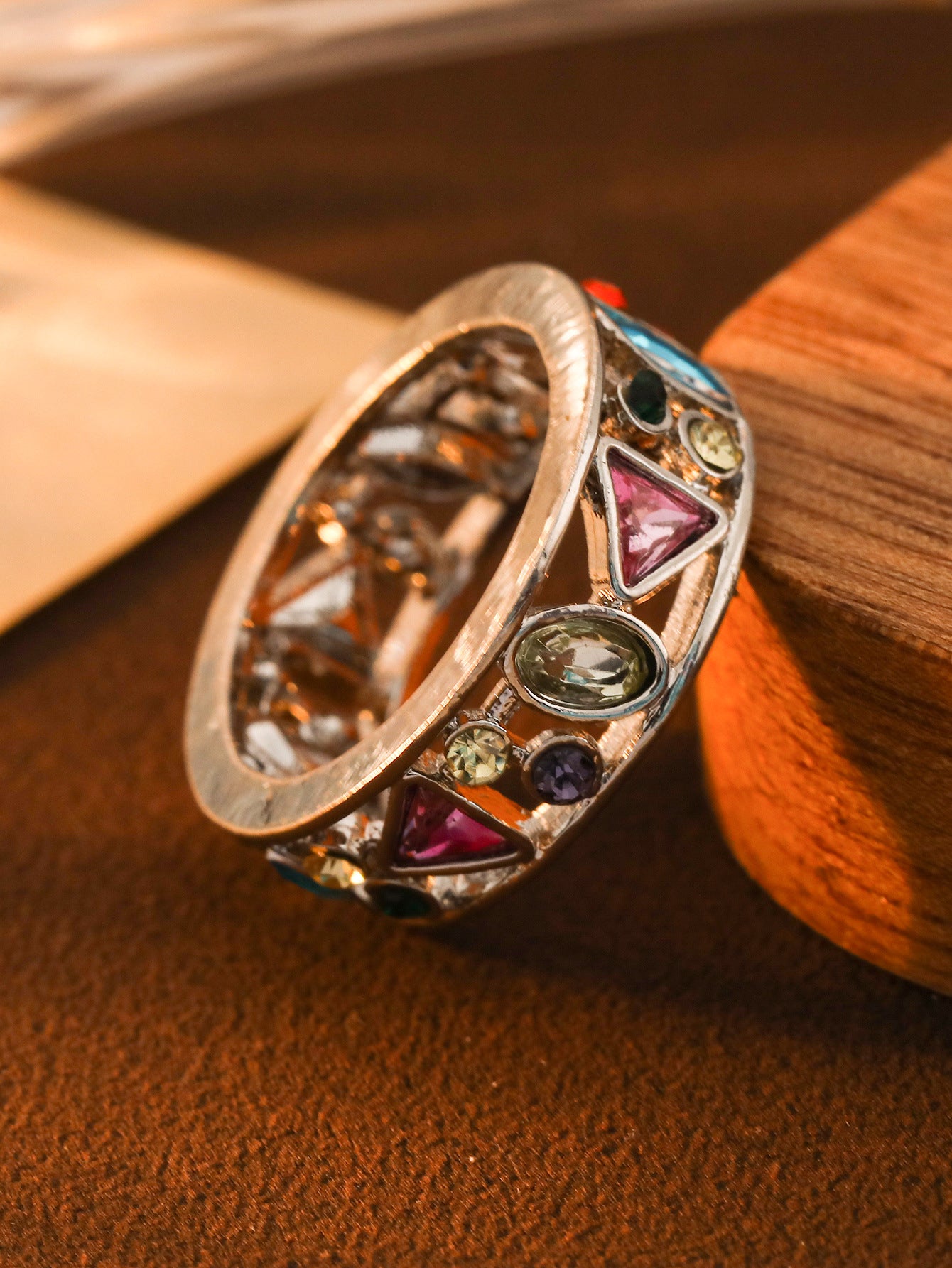 Fashion Geometric Openwork Diamond-Studded Multicolor Ring